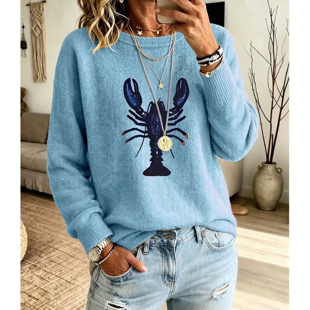 Lobster Graphic Sweater Women M L XL Blue New Coastal Nautical Knit
